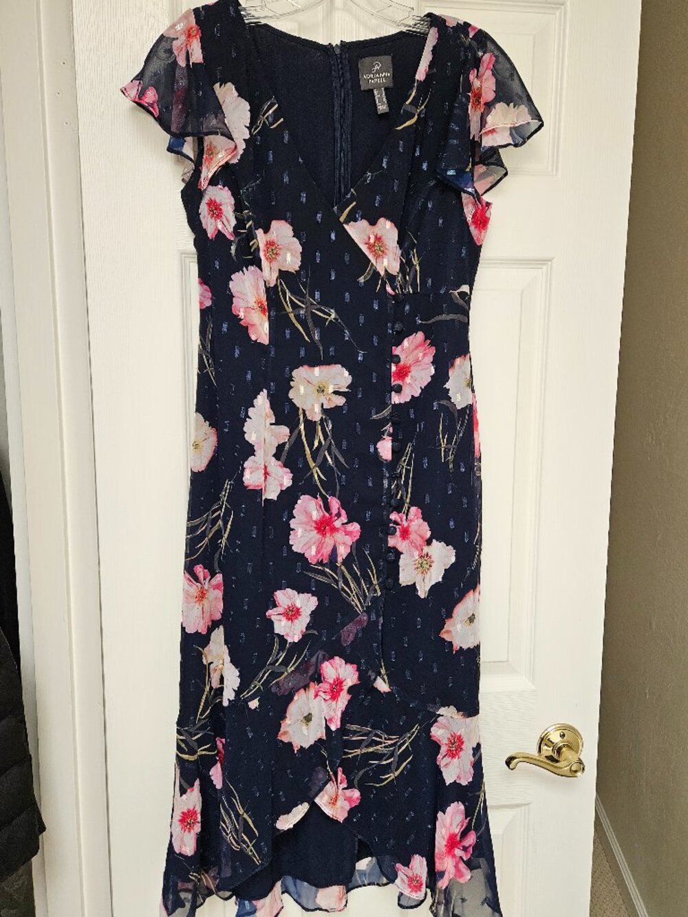 Adriana Papell Floral Dress Size 4 Flutter Sleeves Navy Pink and White Flowers